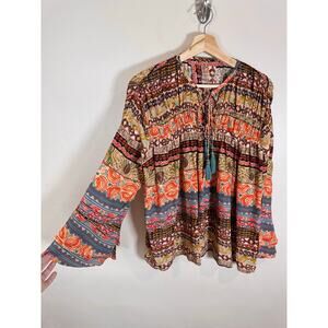 NWT Karyn Seo Womens Peasant Blouse Mixed Print Multicolor Tassels Bohemian M